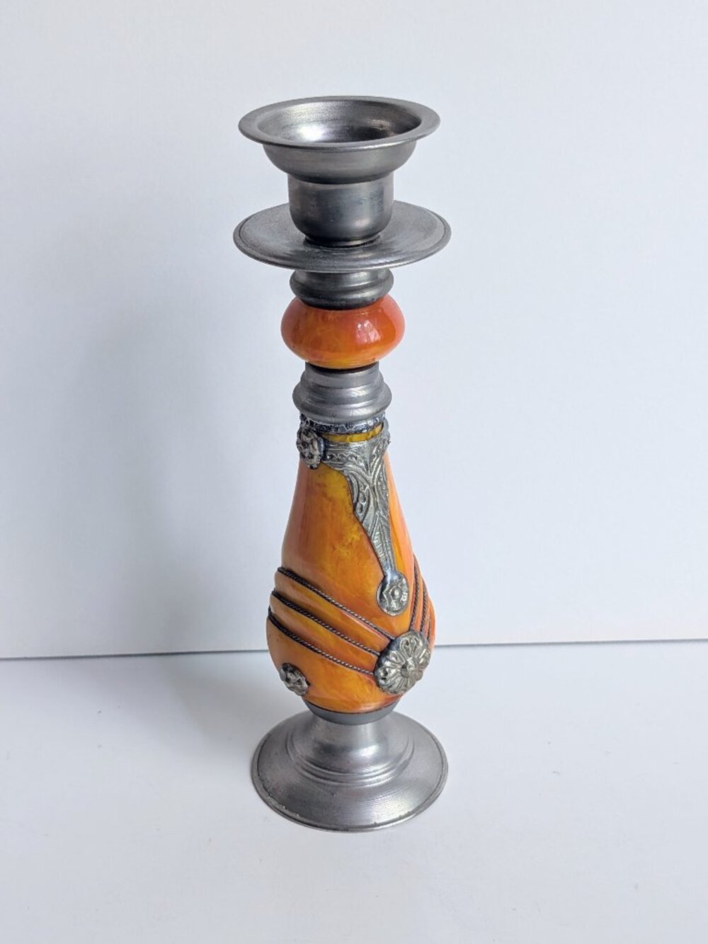 Vintage Moroccan Hand Made Resin & Metal Candle Holder Middle Eastern Decor 9"